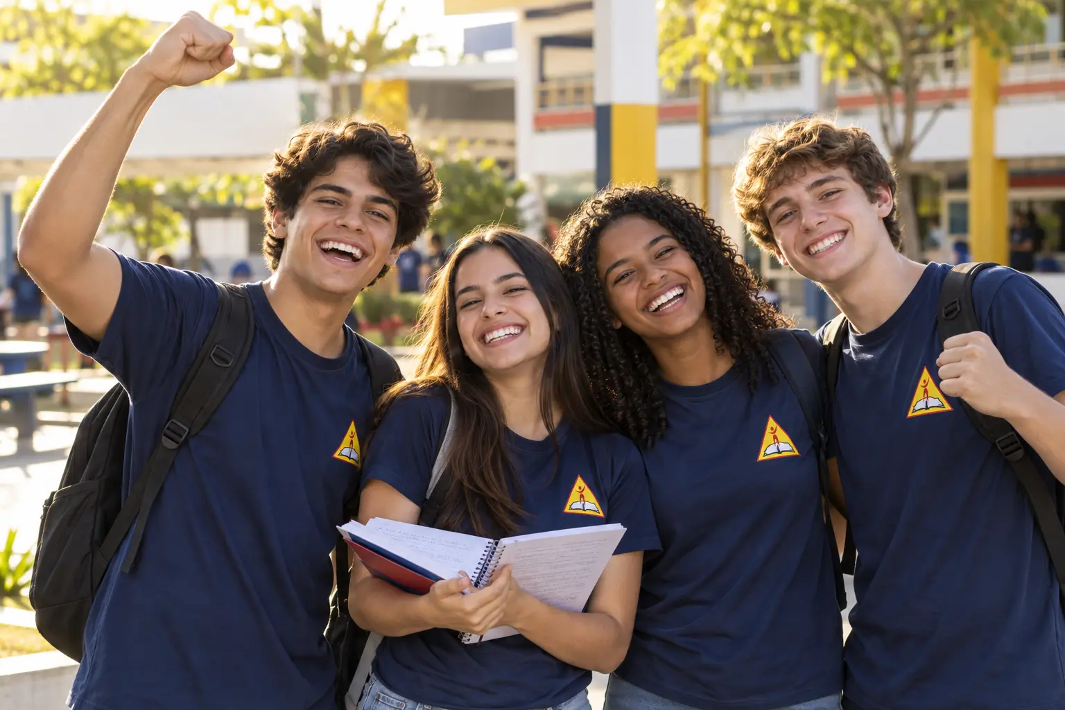 Quatro estudantes do Colégio Magnus comemorando no pátio da escola