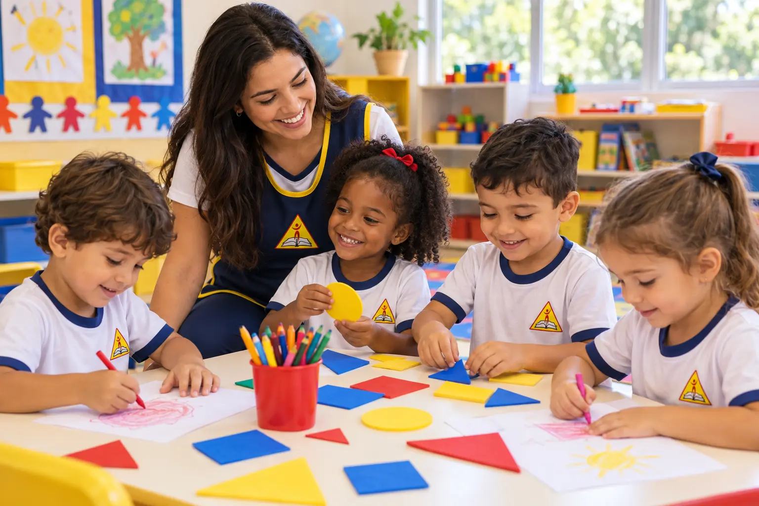 Crianças da Educação Infantil fazendo atividade com formas coloridas e a professora